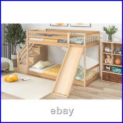 3FT Double Wooden Bunk Bed Kids Sleeper with Slide and Ladder Cabin Bed QD