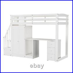 3FT Kids Bunk Bed High Sleeper Bed Wooden Bed Frames with Wardrobe and Desk MR
