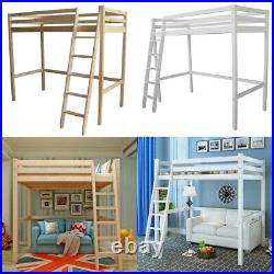 3FT Single Kids Bunk Bed High Sleeper Wood Pine Cabin Bed w Ladder&Storage Space