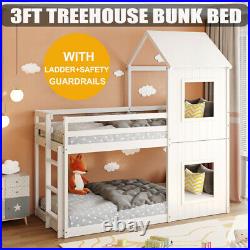 3FT Treehouse Single Bunk Bed Wooden Frame Kids Sleeper Pine House Canopy Ladder
