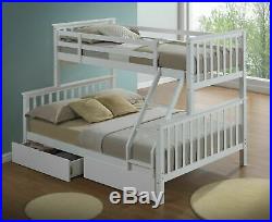 3'0/4'6 White Single Double Wooden 3 Triple Sleeper Bunk Bed + Drawer Option