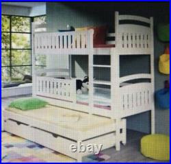 3 Sleeper White Wooden Triple Bunk Bed Frame Full Size Singles & Storage Drawers
