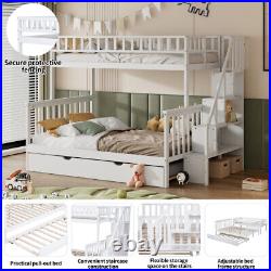 3ft & 4ft6 Kids Wooden Bunk Beds with Stairs and Pull Out Trundle Bed Frame MG