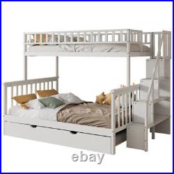 3ft & 4ft6 Kids Wooden Bunk Beds with Stairs and Pull Out Trundle Bed Frame QN