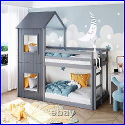3ft Single Treehouse Bed Wooden Frame Bunk Bed Cabin Kids Children Sleeper Grey