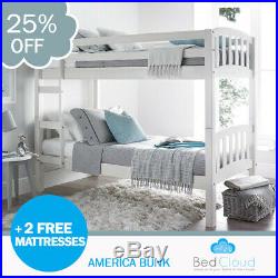 America 2FT6 x 5FT3 Short Single White Wooden Bunk Bed + 2 Free Mattresses
