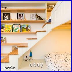Bespoke handmade fitted wooden bunk beds with staircase, shelves and storage