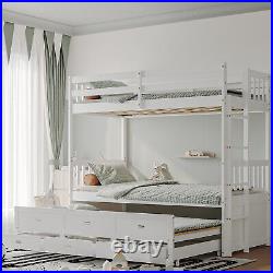 Bunk Bed 3FT Kids Sleeper Stylish White Wooden Bed Frame with Drawers & Trundle