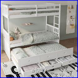 Bunk Bed 3FT Kids Sleeper Stylish White Wooden Bed Frame with Drawers & Trundle