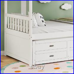 Bunk Bed 3FT Kids Sleeper Stylish White Wooden Bed Frame with Drawers & Trundle