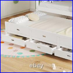 Bunk Bed 3FT Kids Sleeper Stylish White Wooden Bed Frame with Drawers & Trundle