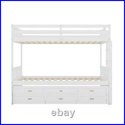 Bunk Bed 3FT Kids Sleeper Stylish White Wooden Bed Frame with Drawers & Trundle