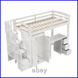 Bunk Bed 3ft Kids High Sleeper Bed Wooden Bed Frame with Wardrobe and Desk White