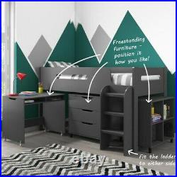 Bunk Bed Cabin Mid Sleeper with Storage & Slide Desk Wooden Kids (Dark Grey)