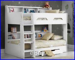 Bunk Bed White with Ladder Glow Strip, Shelves Storage, and Drawer Storage
