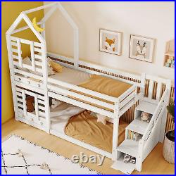 Bunk Beds 3ft Single Bed Pine Wood Bed Frame Twin Sleeper with Window for Kids QS