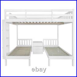 Bunk Beds Triple Bed Pine Wood Bed Frame High Sleeper with Nightstand for Kids HT
