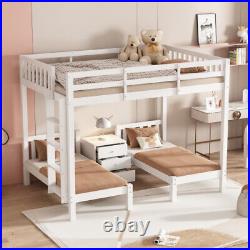 Bunk Beds Triple Bed Pine Wood Bed Frame High Sleeper with Nightstand for Kids HT