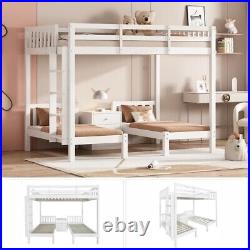 Bunk Beds Triple Bed Pine Wood Bed Frame High Sleeper with Nightstand for Kids MA