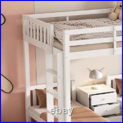 Bunk Beds Triple Bed Pine Wood Bed Frame High Sleeper with Nightstand for Kids MA