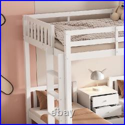 Bunk Beds Triple Bed Pine Wood Bed Frame High Sleeper with Nightstand for Kids QD