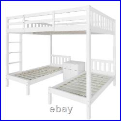 Bunk Beds Triple Bed Pine Wood Bed Frame High Sleeper with Nightstand for Kids TY