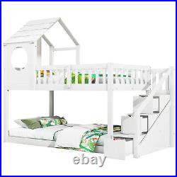 Bunk Beds for Kids 3ft Wood House Bed Wooden Cabin Bed Frame with Storage Ladder