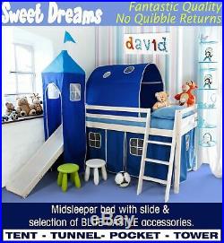 Cabin Bed Midsleeper Bunk Bed with Blue Castle accessories. Wooden child's bed