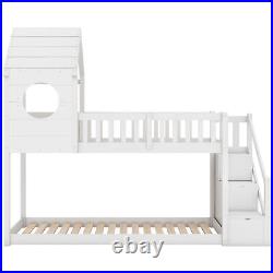 Cabin House Bunk Bed Solid Pine Wood Kids High Sleeper with Storage Stairs White