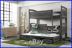 Children Wooden Pine Bunk Bed Trundle Bed BLANKA with Drawers in Graphite