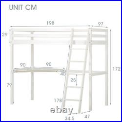 Children Wooden Single 3FT Loft Bed Frame With Desk High Sleeper Bunk Bed White