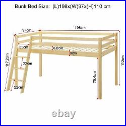 Childrens Cabin Bed Single Bunk Beds Kids Loft Mid Sleeper Wood Bed Frame 3FT