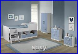 Childrens Mid Sleeper Cabin Bunk Bed + White/Pink Gloss Or White/Blue Gloss Kids