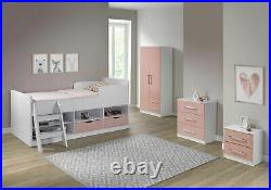 Childrens Mid Sleeper Cabin Bunk Bed + White/Pink Gloss Or White/Blue Gloss Kids