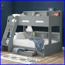 Double Bed Kids Bunk Beds Triple Childrens Sleeper Wooden Bed Frame With Storage