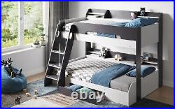 Flick Wooden Triple Bunk Bed White, Grey or Oak With Shelves & Drawer Included