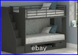 Grey Bunk Beds With Storage Stairs Drawers Staircase Fits Left or Right Side