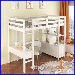 High Sleeper Bunk Bed, 3ft Solid Pine Wood Kids Loft Bed Frame With Desk Storage