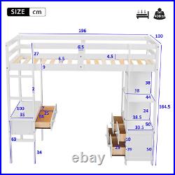 High Sleeper Bunk Bed, 3ft Solid Pine Wood Kids Loft Bed Frame With Desk Storage