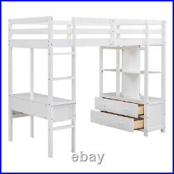 High Sleeper Bunk Bed, 3ft Solid Pine Wood Kids Loft Bed Frame With Desk Storage