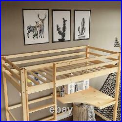 High Sleeper Bunk Bed Cabin Loft Bed Frame Desk Pine Wood Kids Single 3FT Pine