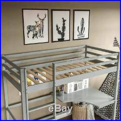 High Sleeper Bunk Bed Cabin Loft Bed Study Desk Kids Pine Wood 3FT Single Grey