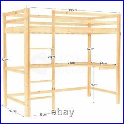 High Sleeper Bunk Bed Cabin Loft Bed Study Desk Kids Pine Wood 3FT Single Pine