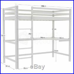 High Sleeper Bunk Bed Cabin Loft Bed Study Desk Kids Pine Wood 3FT Single White