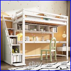 High Sleeper Bunk Bed Single Solid Pine Wood Kids Loft Bed Frame With Desk, Stairs