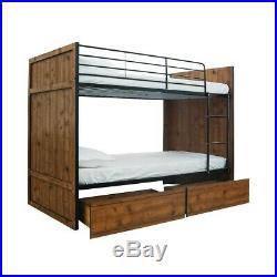 Industrial Style Oak Metal Black Frame Bunk Bed With Two Pullout Storage Drawers
