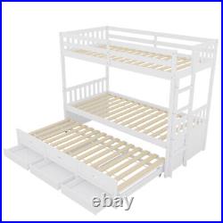 Kids 3ft Single Bed Frame Wooden Triple Bunk Beds Drop Down Bed with Drawers HE