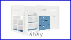 Kids Bed Cabin Bunk White & Blue Bed Mid Sleeper Cabinet Set with Storage & Desk
