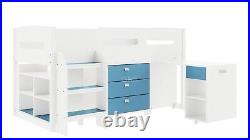 Kids Bed Cabin Bunk White & Blue Bed Mid Sleeper Cabinet Set with Storage & Desk