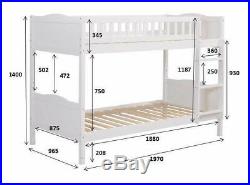 Kids Bunk Bed 3FT Single Pine Wooden Frame in White or Natural Pine Full Panel